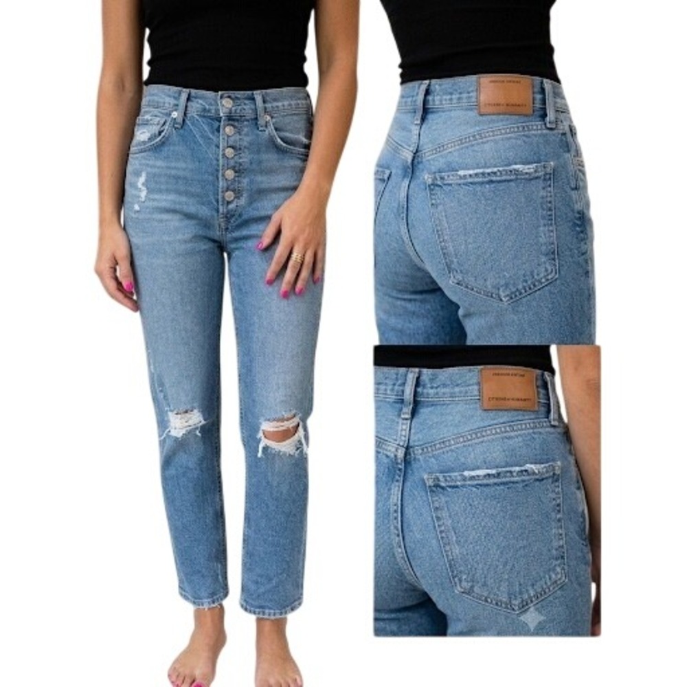 Citizens of Humanity Charlotte Crop High Rise Straight Jeans Blue Distressed 25